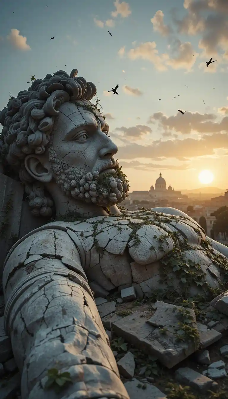 Statua colossale romana spezzata al tramonto sopra un'antica città