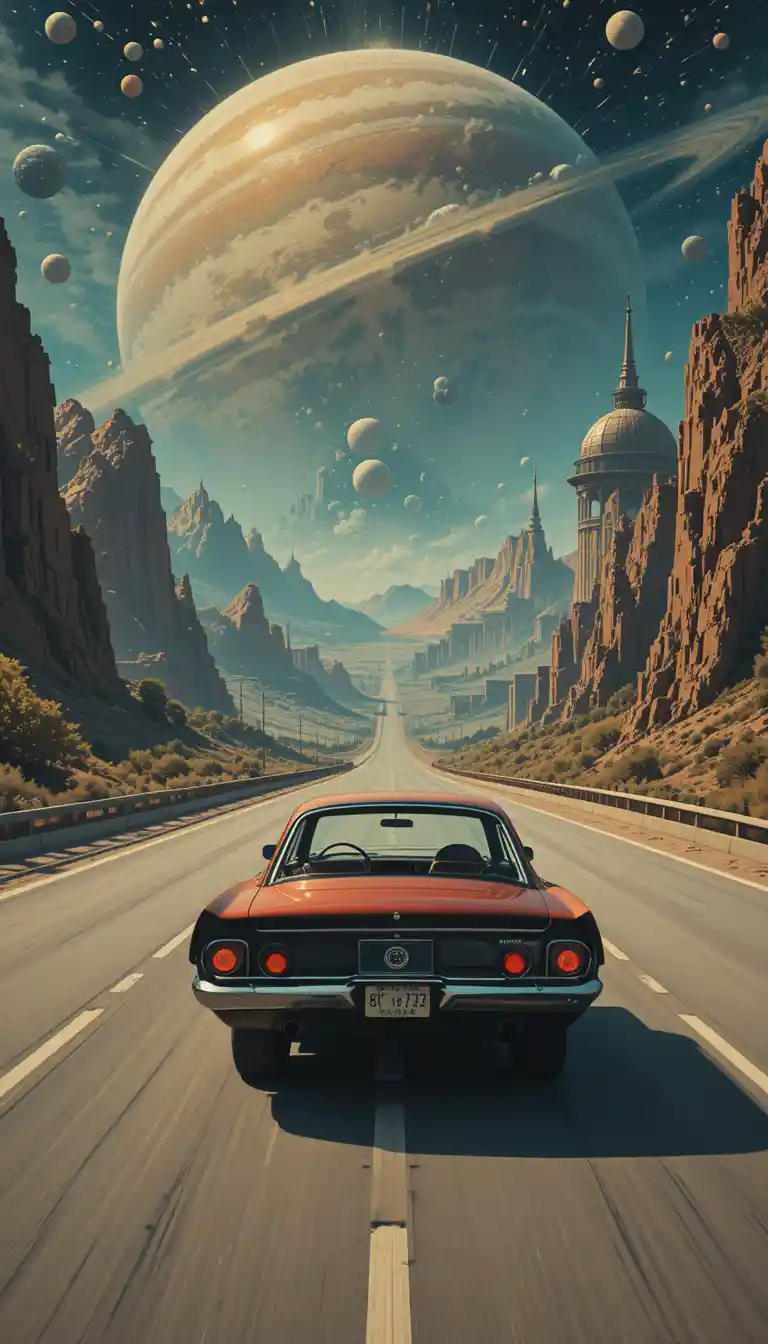 Retro sci fi painting of a car on a cosmic highway