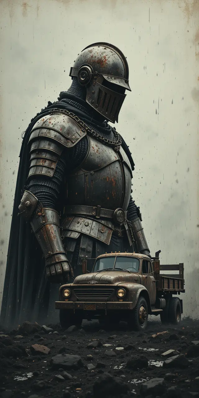 Armored medieval knight in double exposure with old truck