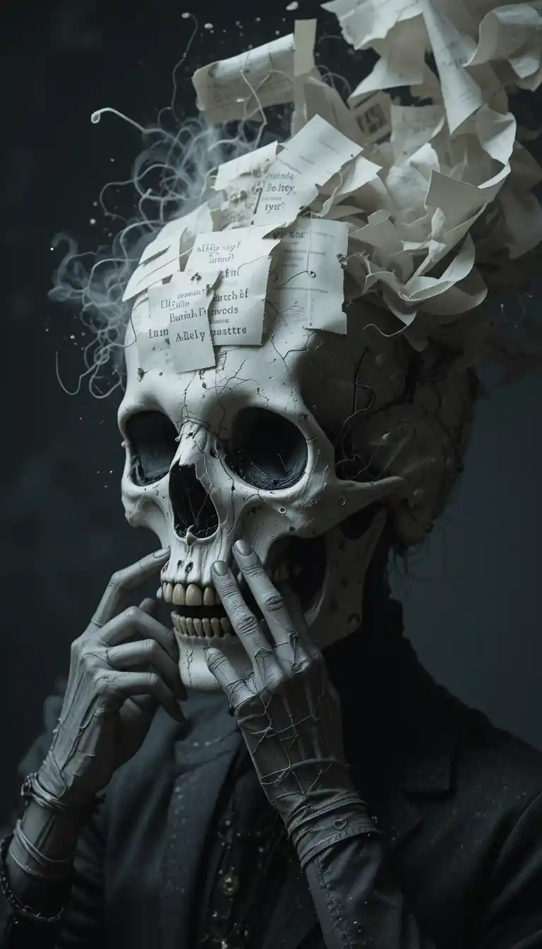 Surreal head with typewriter face in moody studio scene