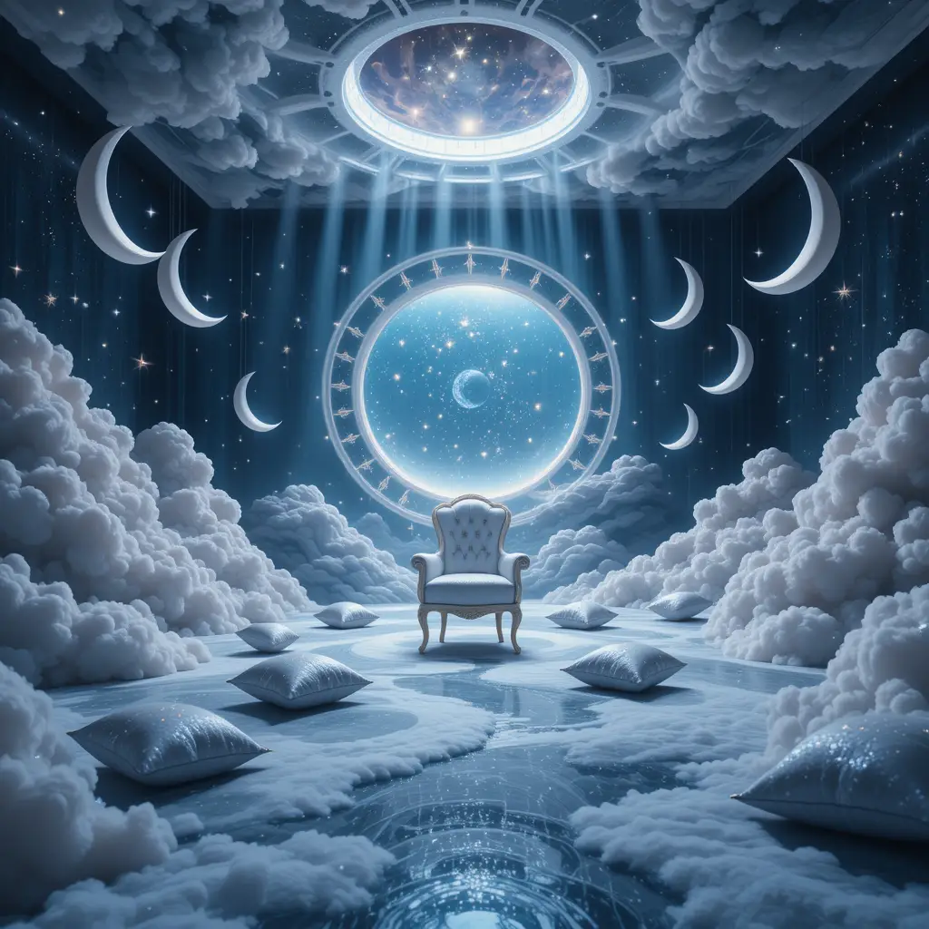 Surreal celestial room with glowing moons and stardust