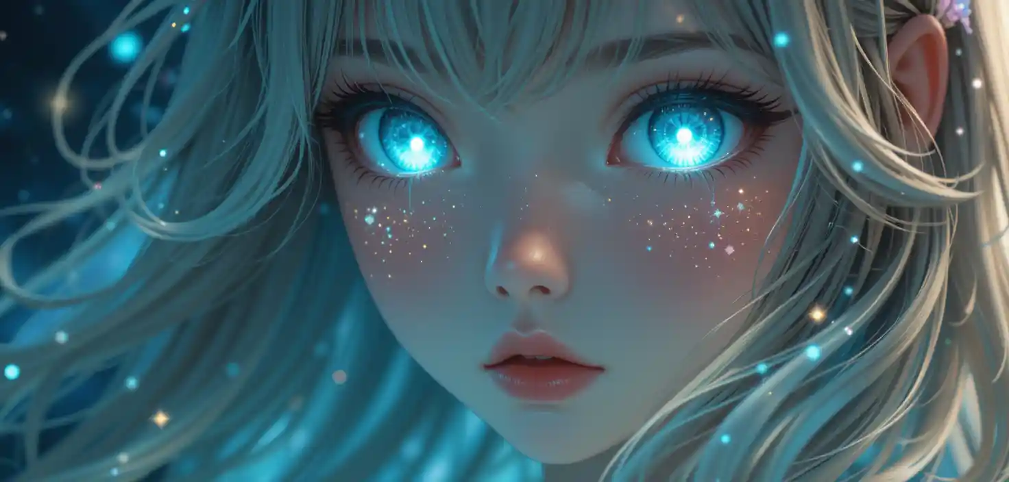 Anime girl close up with glowing magical galaxy eyes