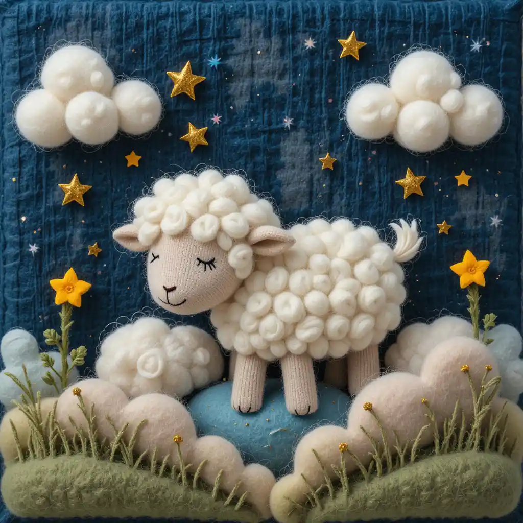 Handcrafted felt sheep among soft wool clouds at night