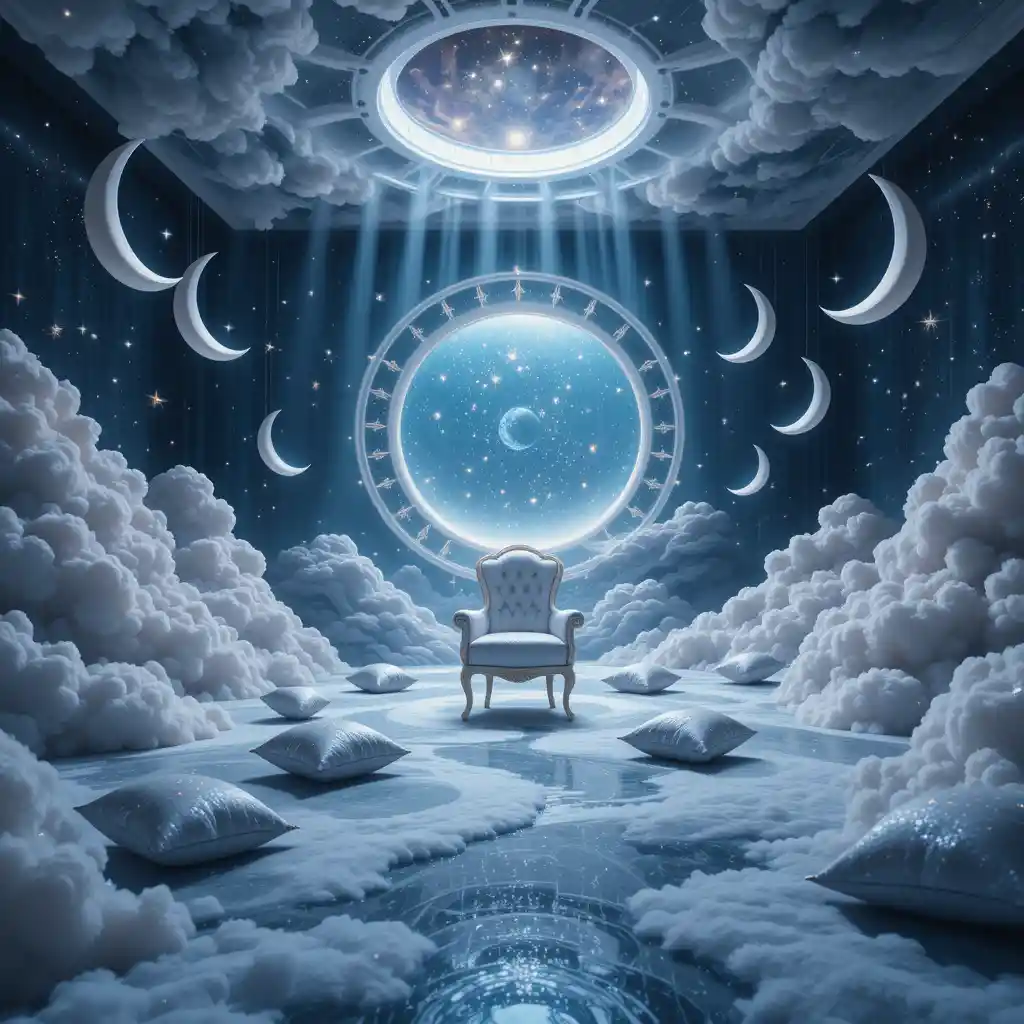 Surreal celestial room with glowing moons and stardust