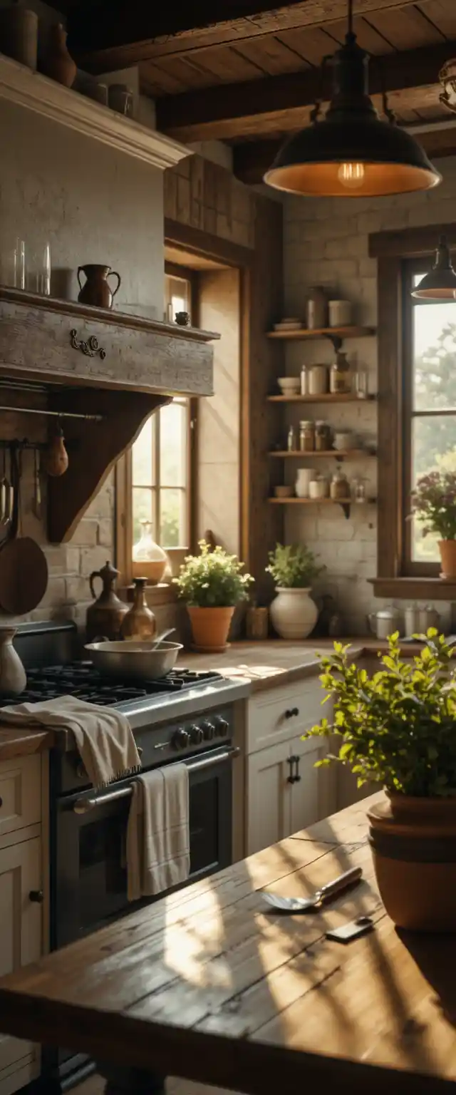 Rustic French country kitchen in soft morning light