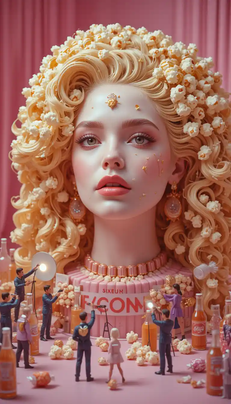 Glamorous popcorn haired woman on dreamy candy movie set