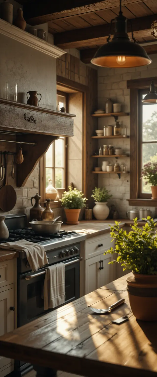 Rustic French country kitchen in soft morning light
