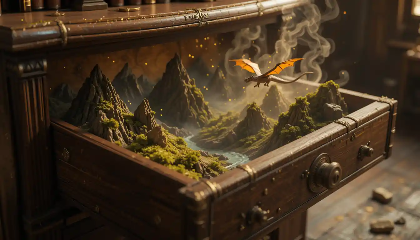 Tiny fantasy valley hidden inside a wooden library drawer