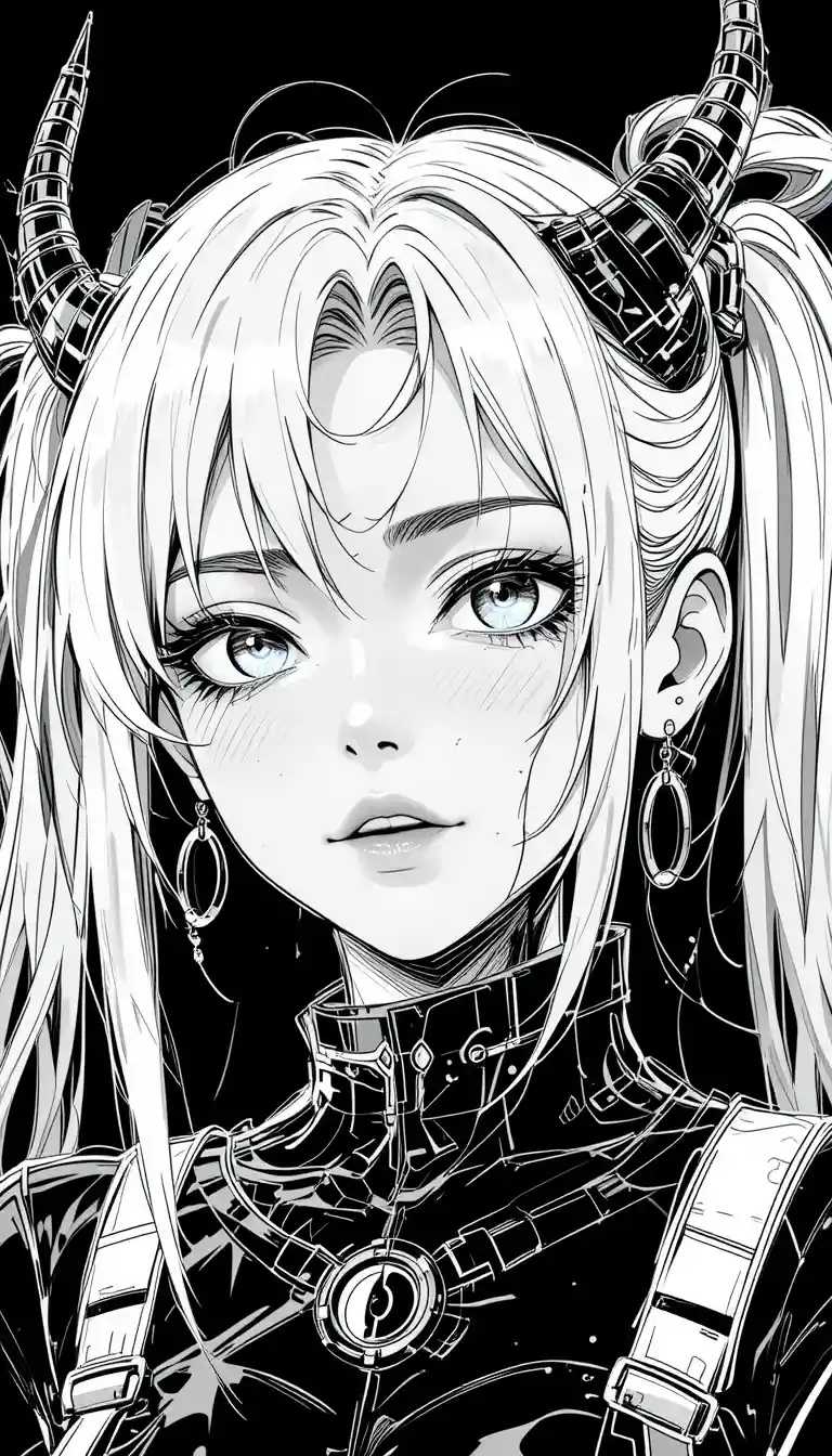 Monochrome anime cyborg woman portrait on black background