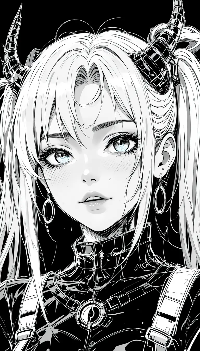 Monochrome anime cyborg woman portrait on black background
