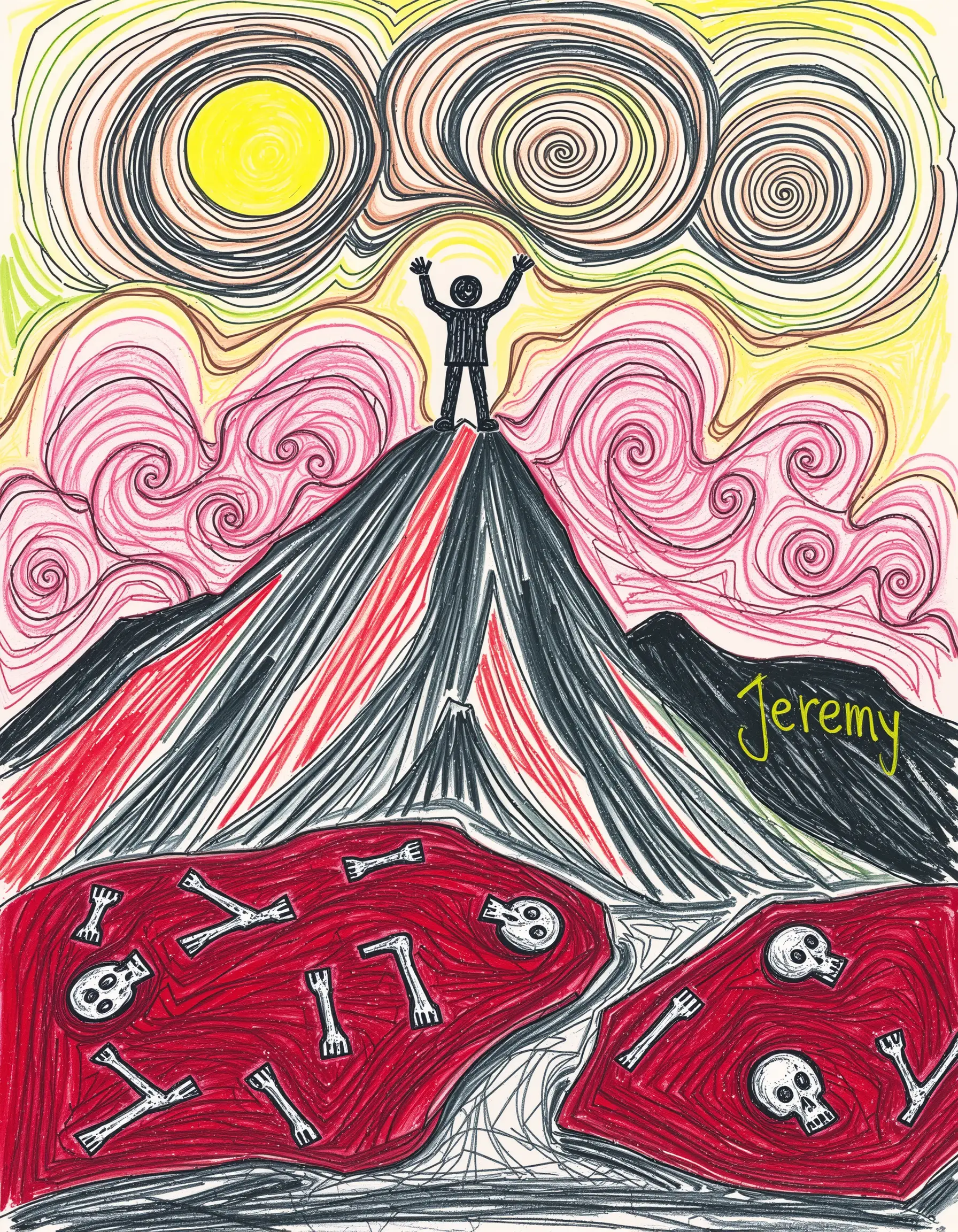Boy Drawing Crayon Mountains At Home With Raised Arms