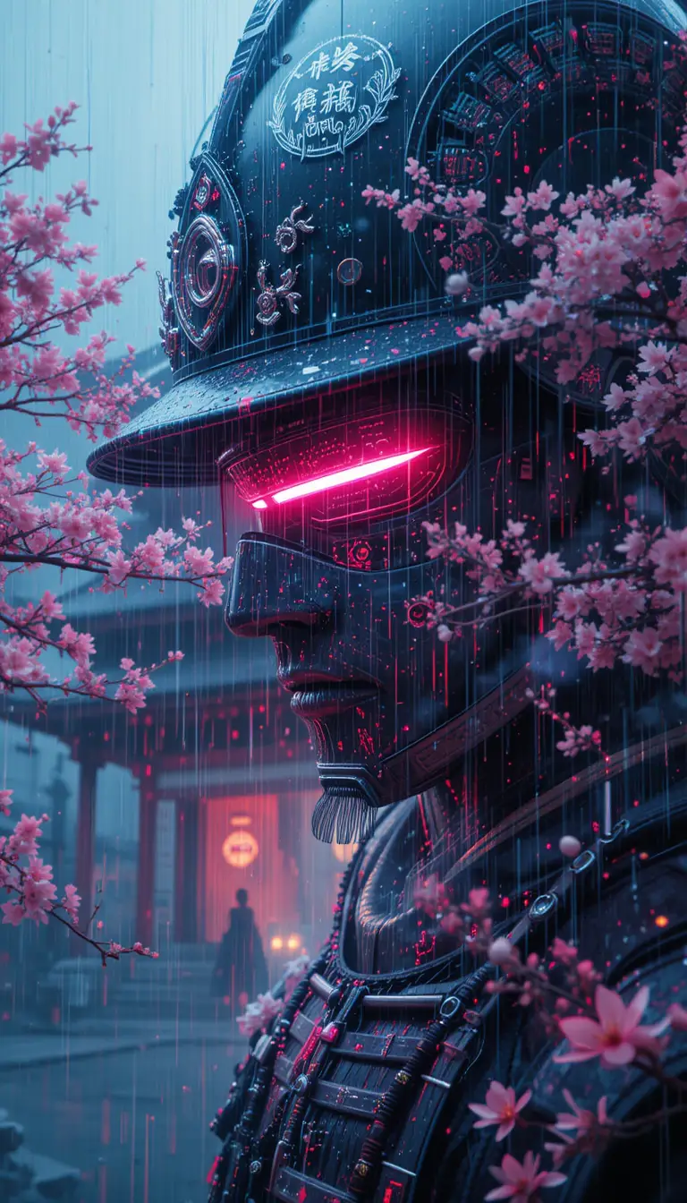 Neon masked samurai face fused with shinto temple