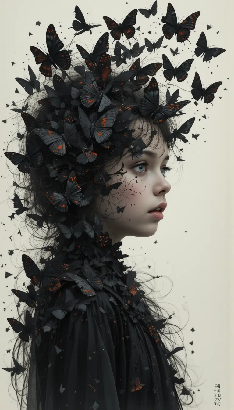 Child eyes transforming into a swarm of dark butterflies
