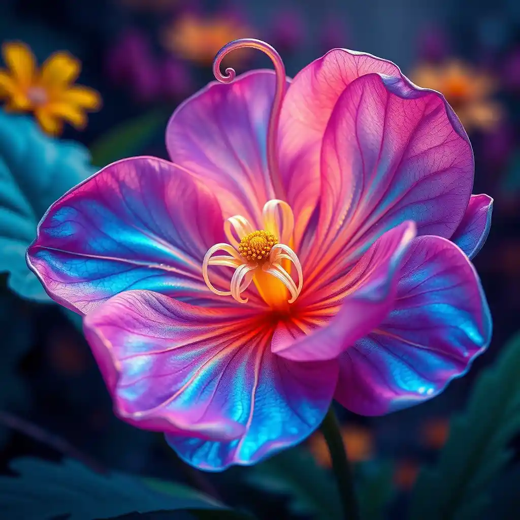 Iridescent alien flower with swirling delicate petals