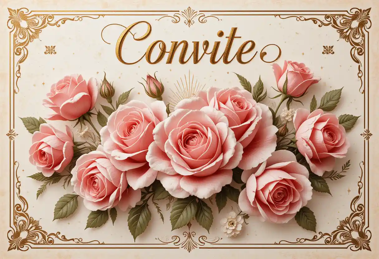 Biglietto di compleanno vintage con illustrazione barocca in oro e rose