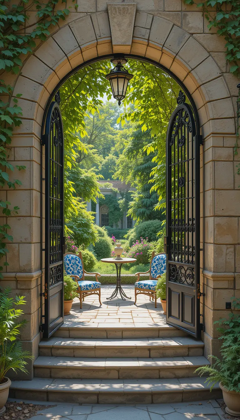 Sunlit stone archway leading to an elegant garden courtyard