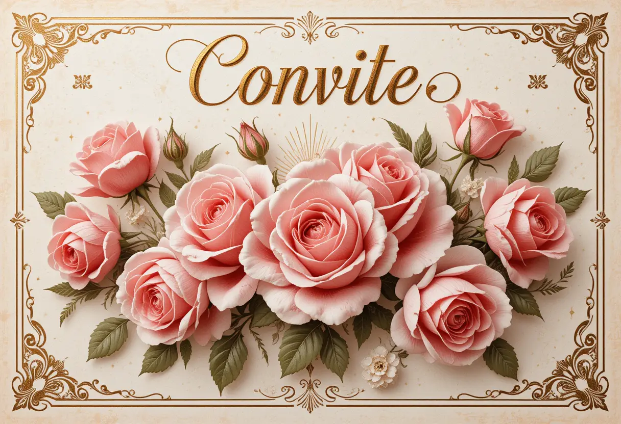 Vintage birthday card with baroque gold and roses illustration