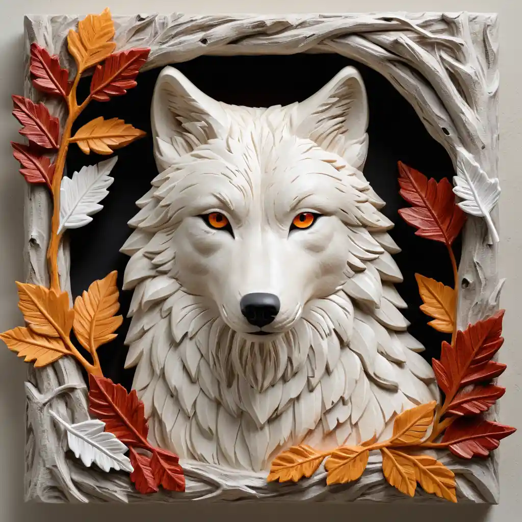 Carved Wolf Portrait With Autumn Forest Details