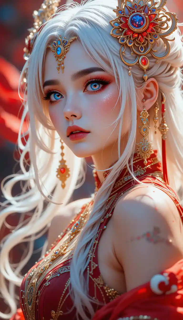 Anime woman portrait with white hair and glowing red eyes