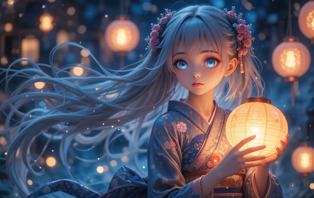 Anime girl with glowing lantern under magical starry sky