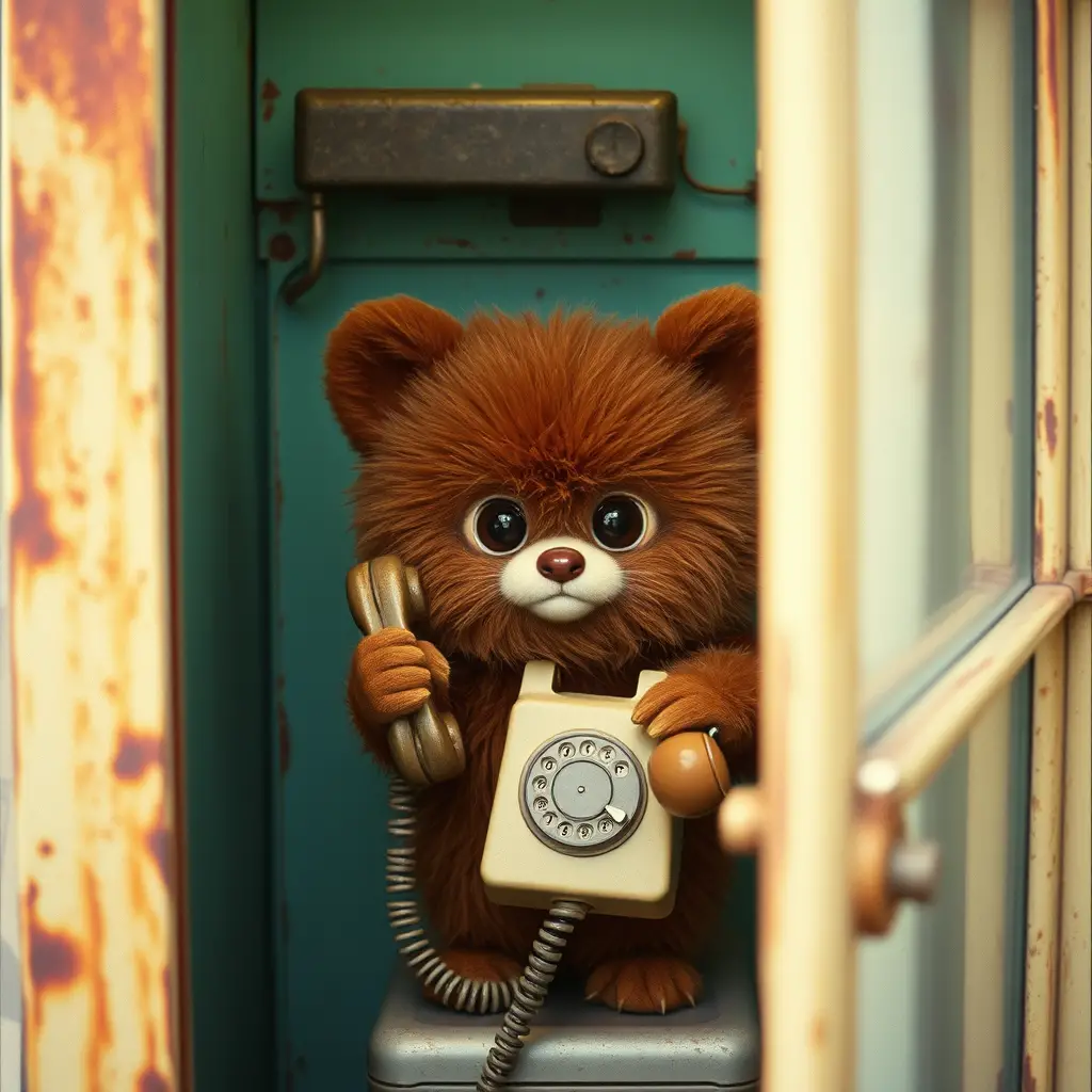 Cute furry character in vintage soviet phone booth
