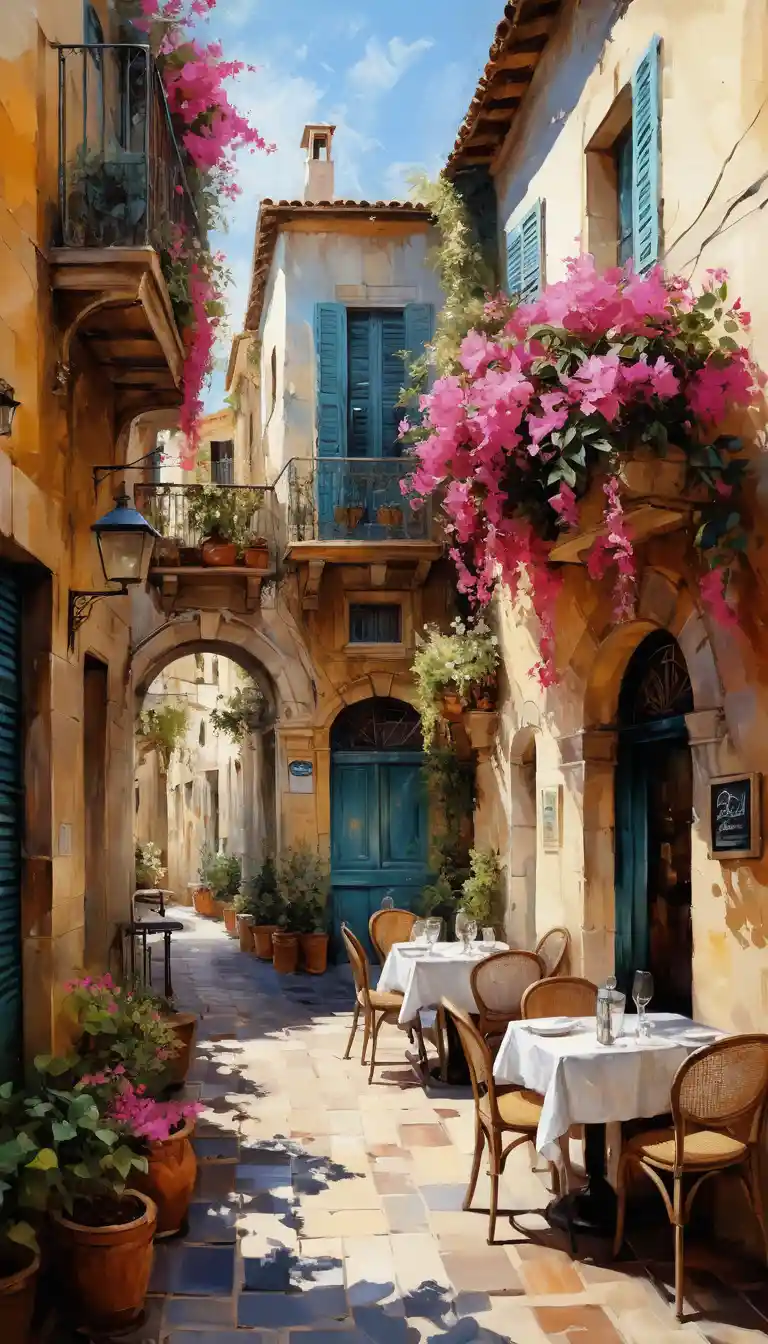 Sunlit mediterranean alley cafe covered in bougainvillea
