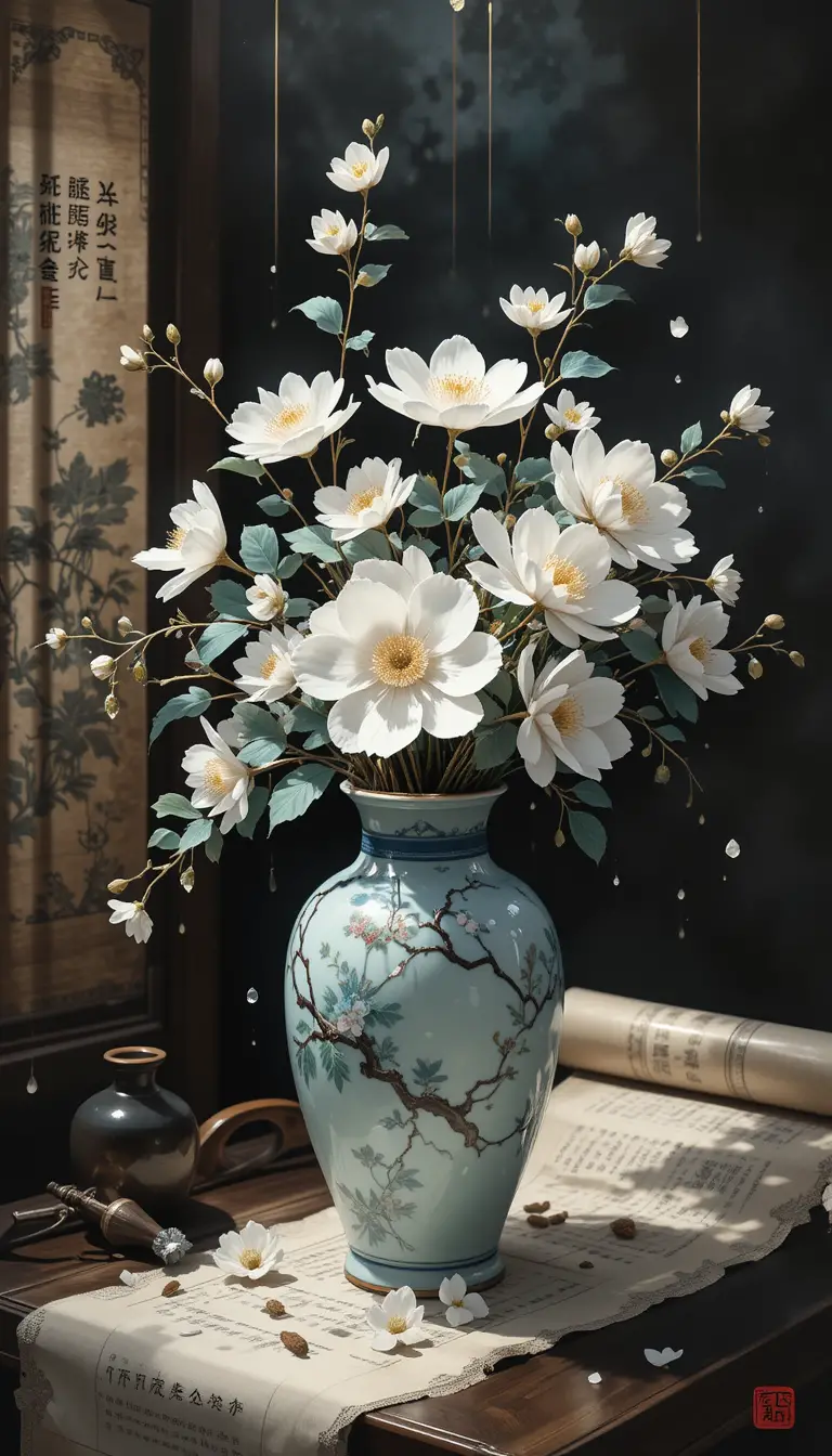 Qing dynasty still life with porcelain bouquet and scroll
