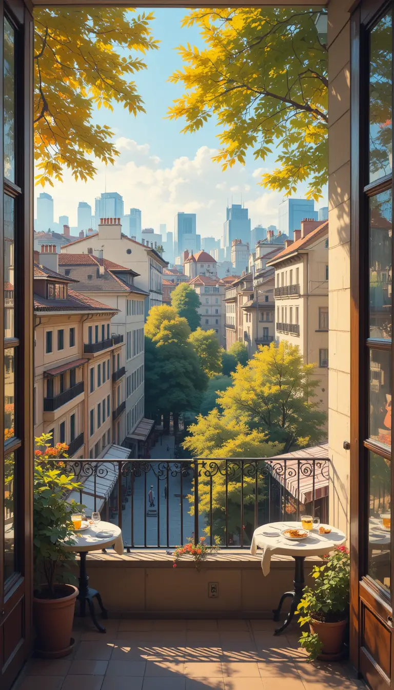 Autumn city balcony view with warm sunlight and trees