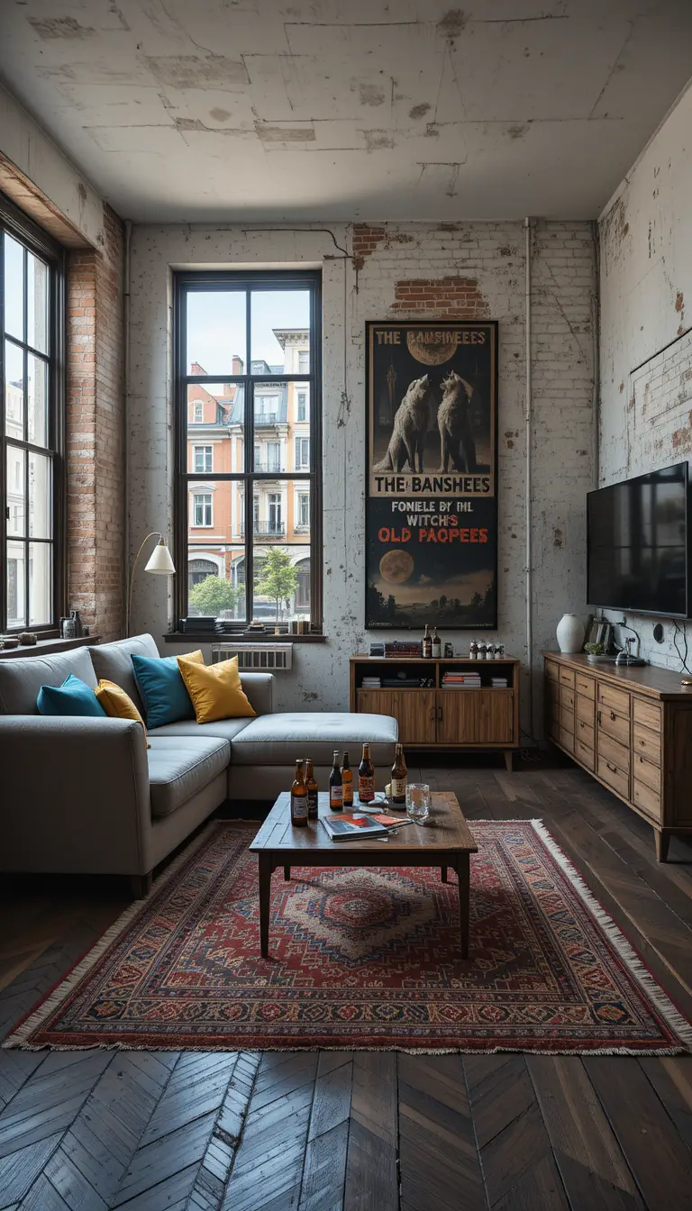 Eclectic living room with brick wall and chaise longue
