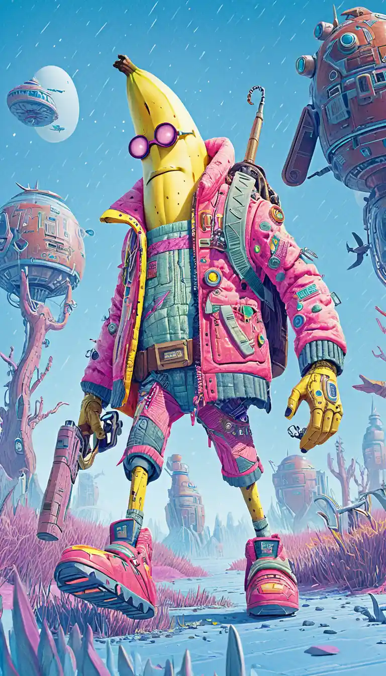 Anthropomorphic banana in pink jacket in sci fi world