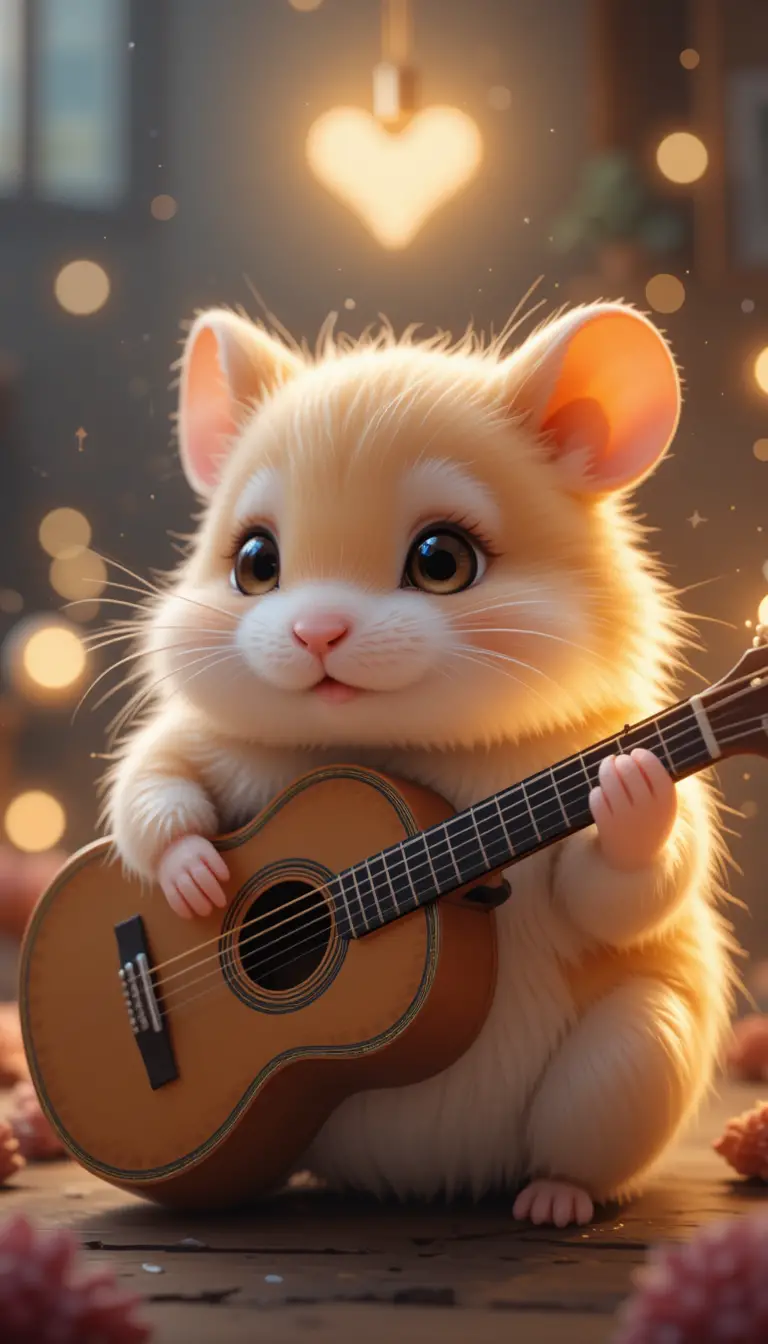 Cute anime hamster playing a guitar in glowing light