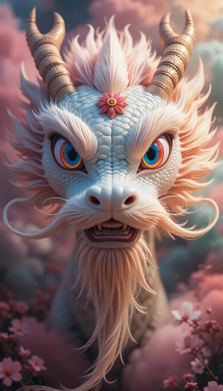 Close up of a cute dragon with rainbow eyes