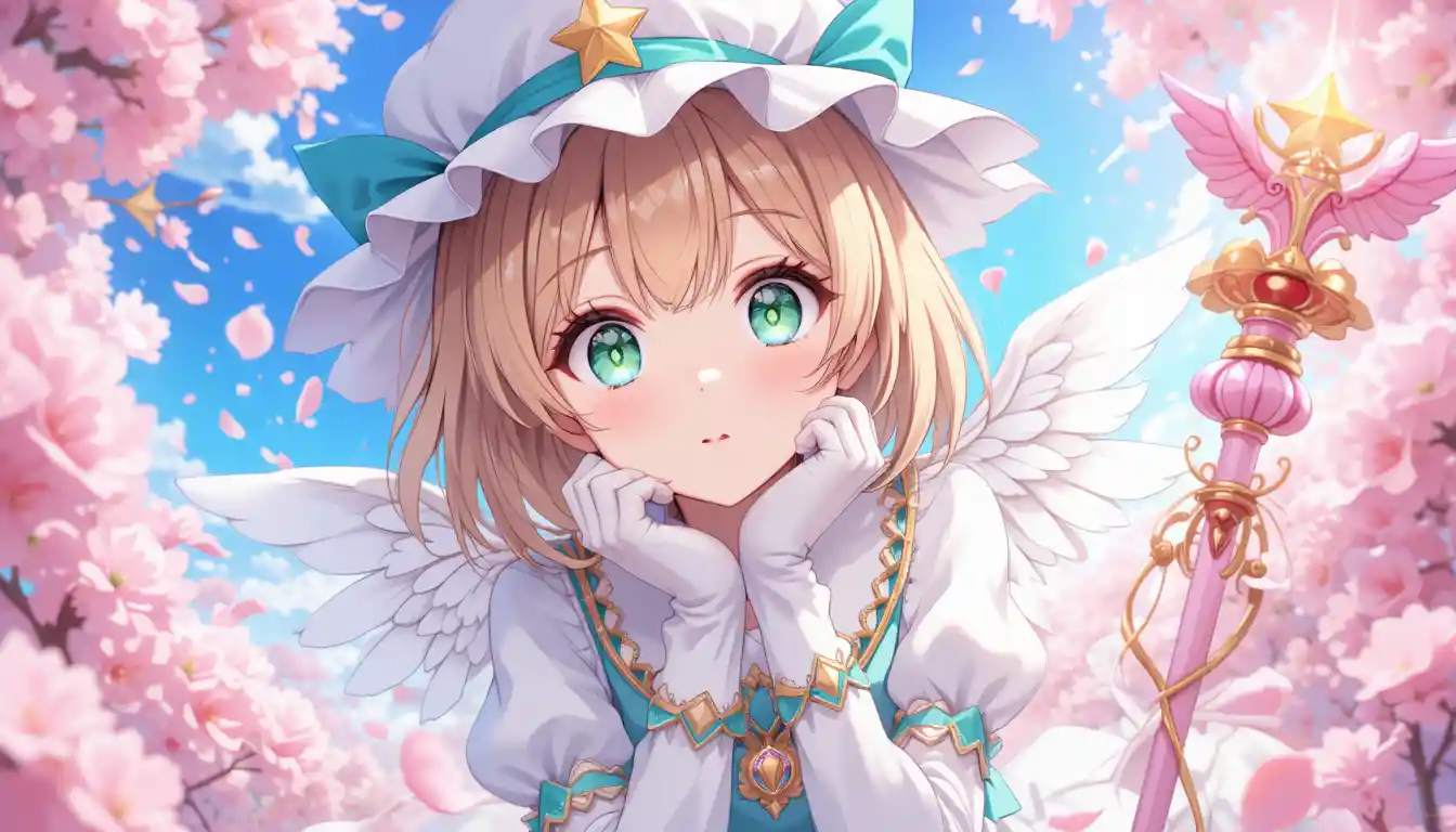 Magisches Anime-Mädchen mit Kirschblüten am Himmel