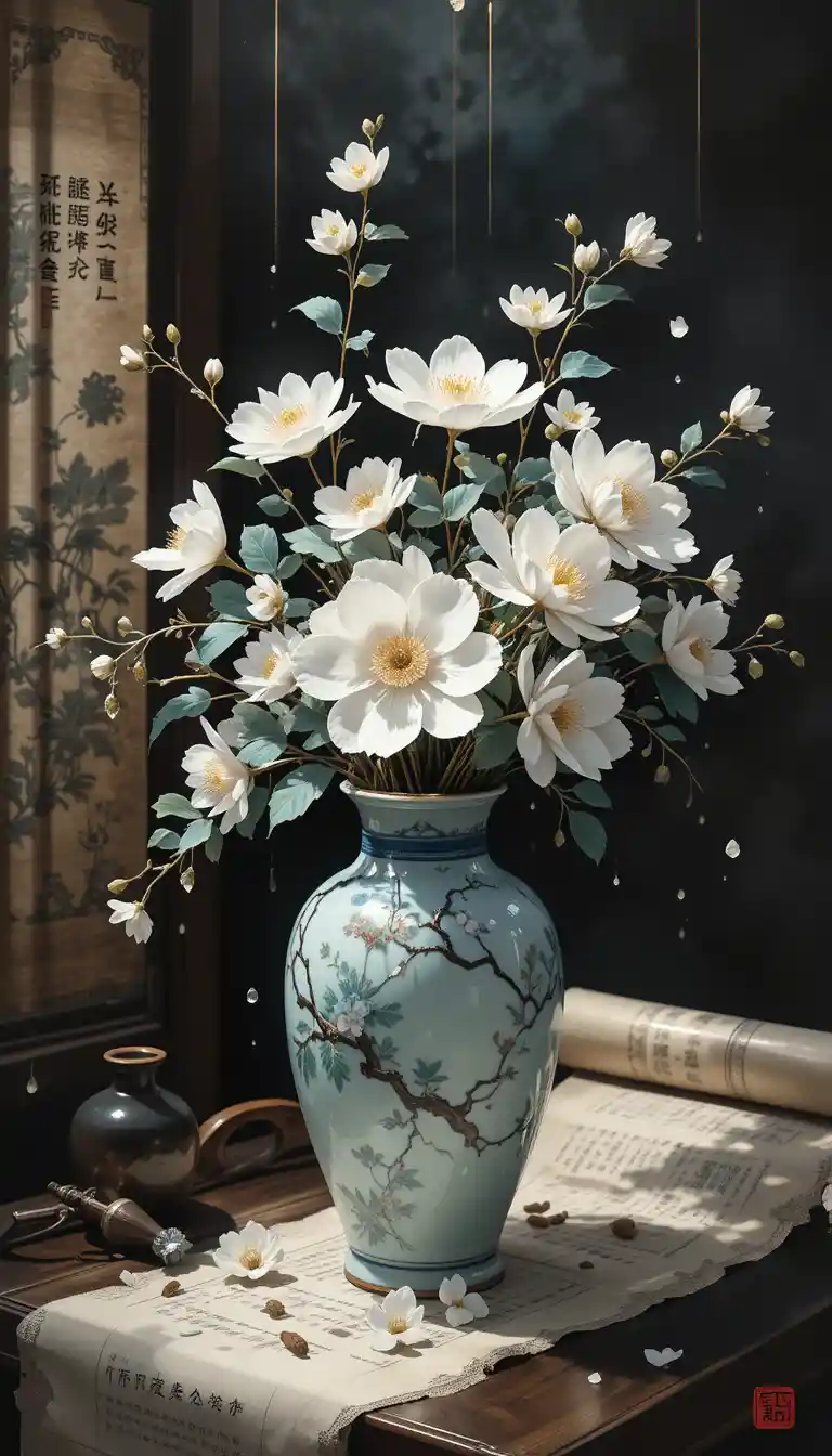 Nature morte de la dynastie Qing avec bouquet en porcelaine et rouleau