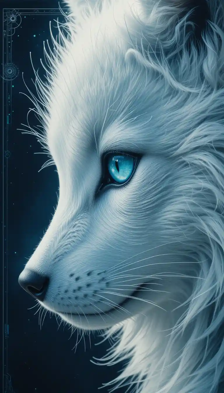 White wolf cub portrait with luminous mystical eye