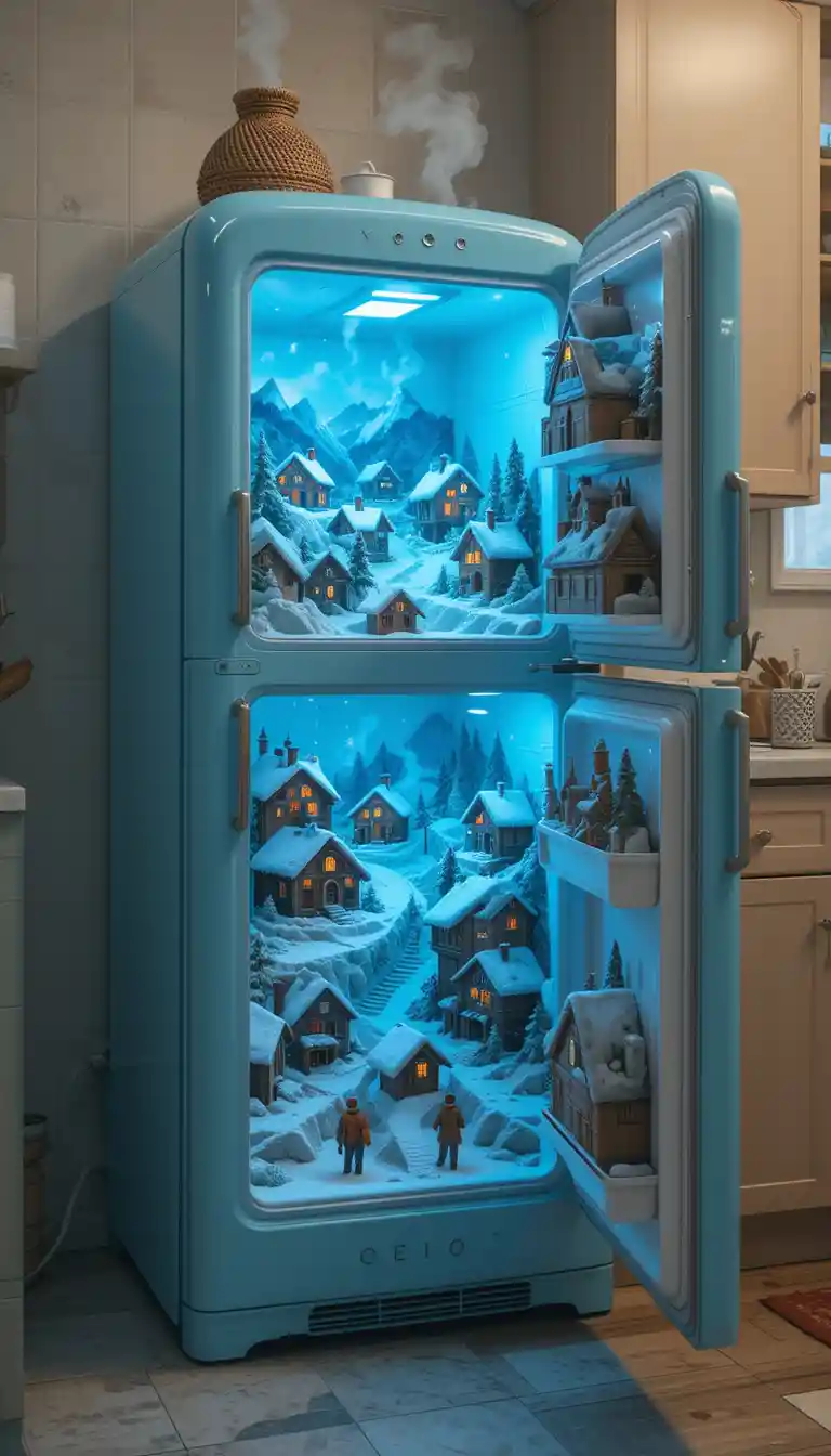 Surreal Blue Retro Fridge With Frozen Miniature Village