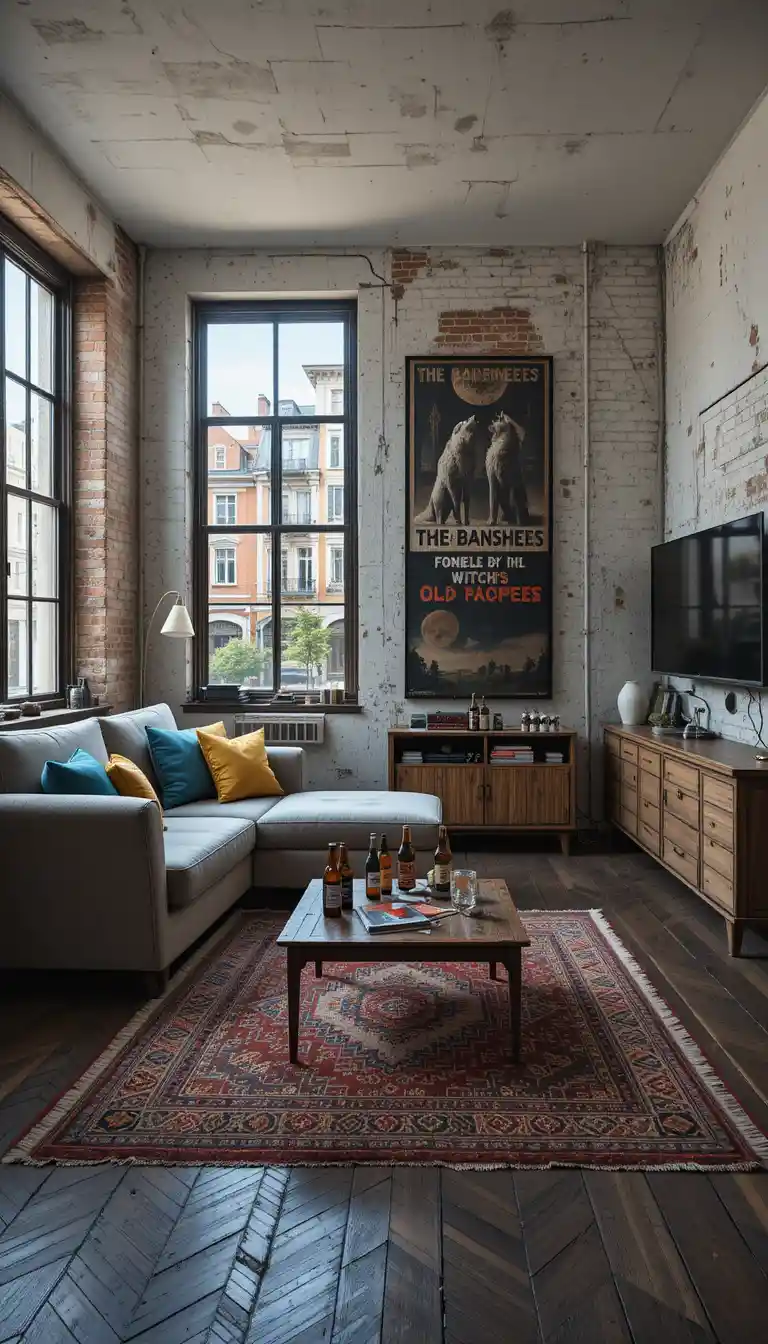 Eclectic living room with brick wall and chaise longue