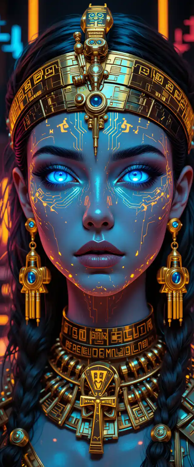 Portrait de reine égyptienne cybernétique avec circuits de hiéroglyphes néon