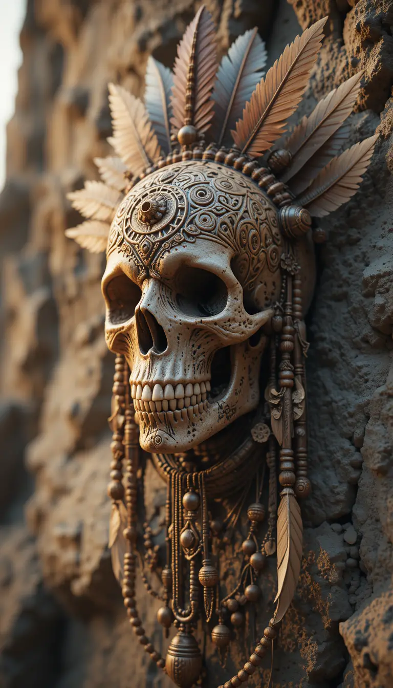 Tribal skull with carved patterns in warm 3D render