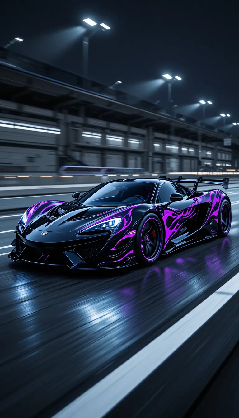 Futuristic black supercar with purple flames on street