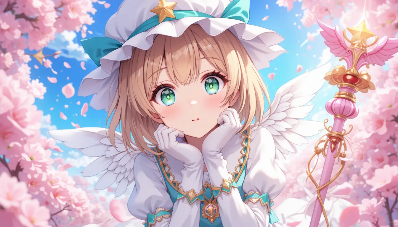 Magical anime girl with cherry blossoms in the sky
