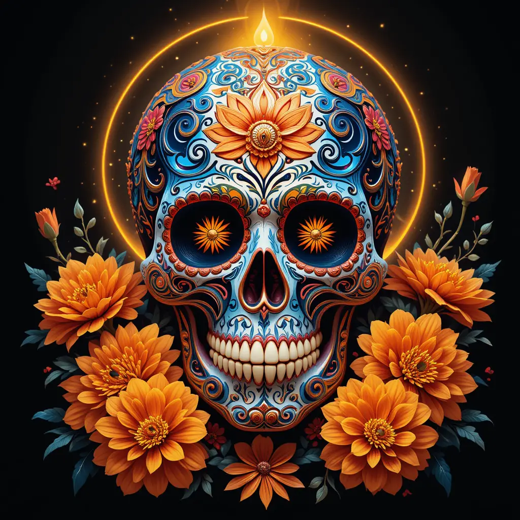 Glowing dia de los muertos sugar skull with marigold flowers