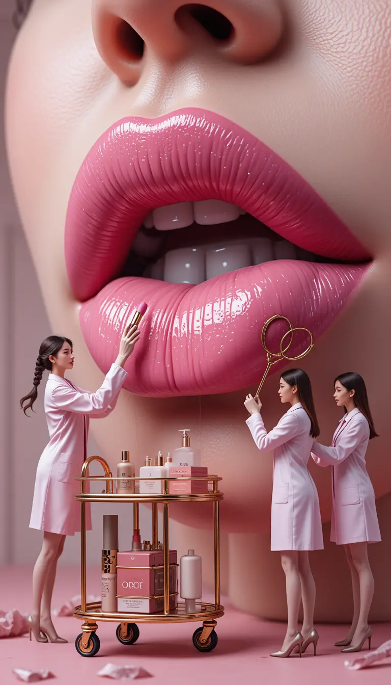 Tiny doctors work on giant glossy lips in fantasy scene