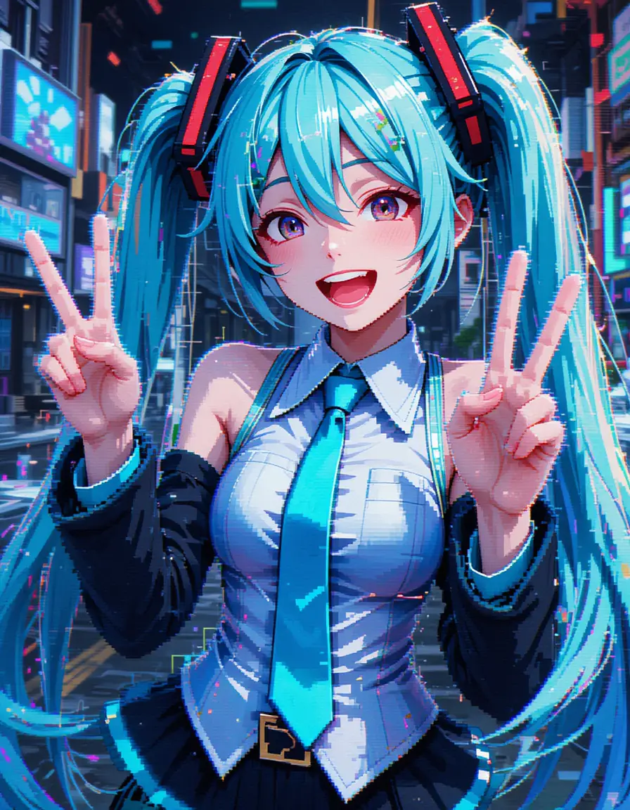 Glitch art anime girl in dynamic pixel collage pose