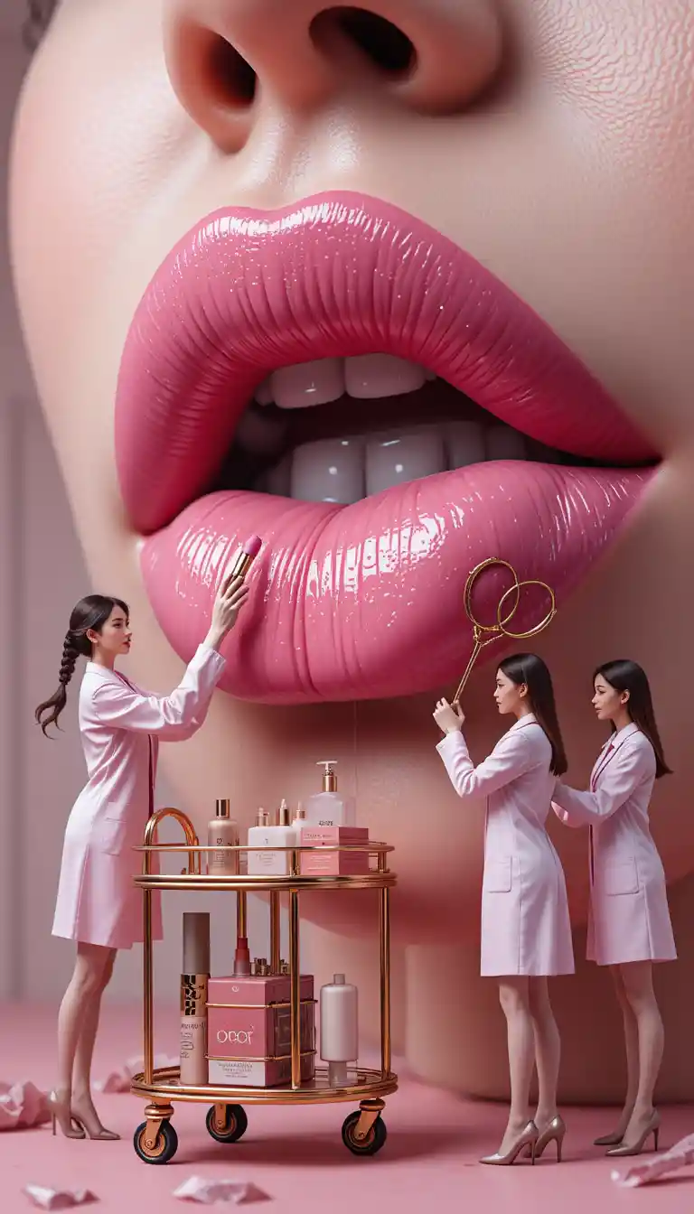 Tiny doctors work on giant glossy lips in fantasy scene