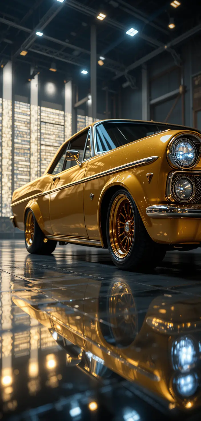 Black Ford sedan with chrome wheels in studio lighting