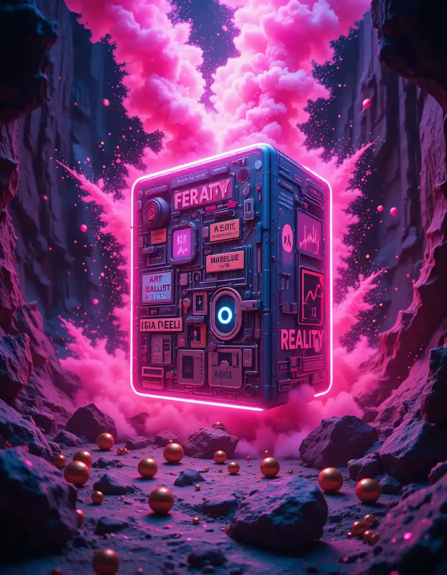 Surreal neon box in a cosmic abstract digital scene