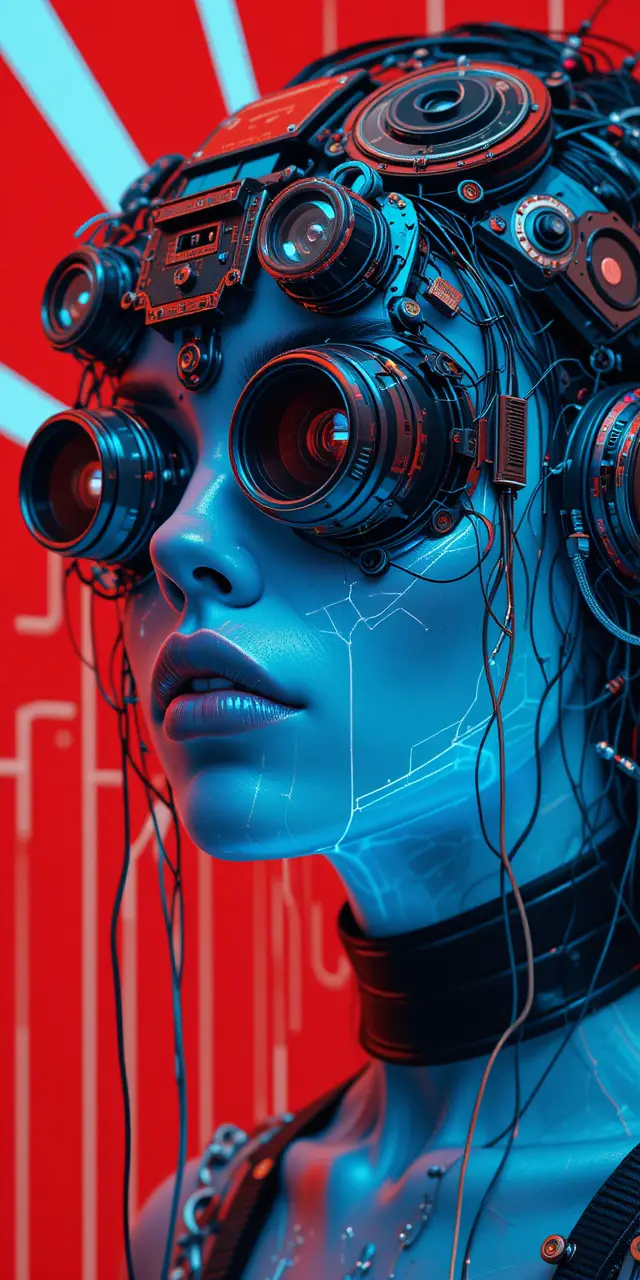 Steampunk cybernetic woman portrait with glowing blue skin