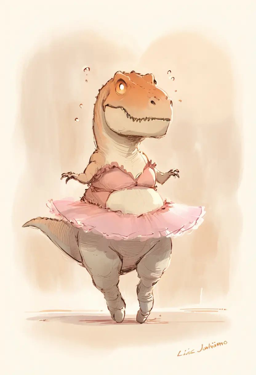 T rex clumsily attempting ballet in a pink tutu
