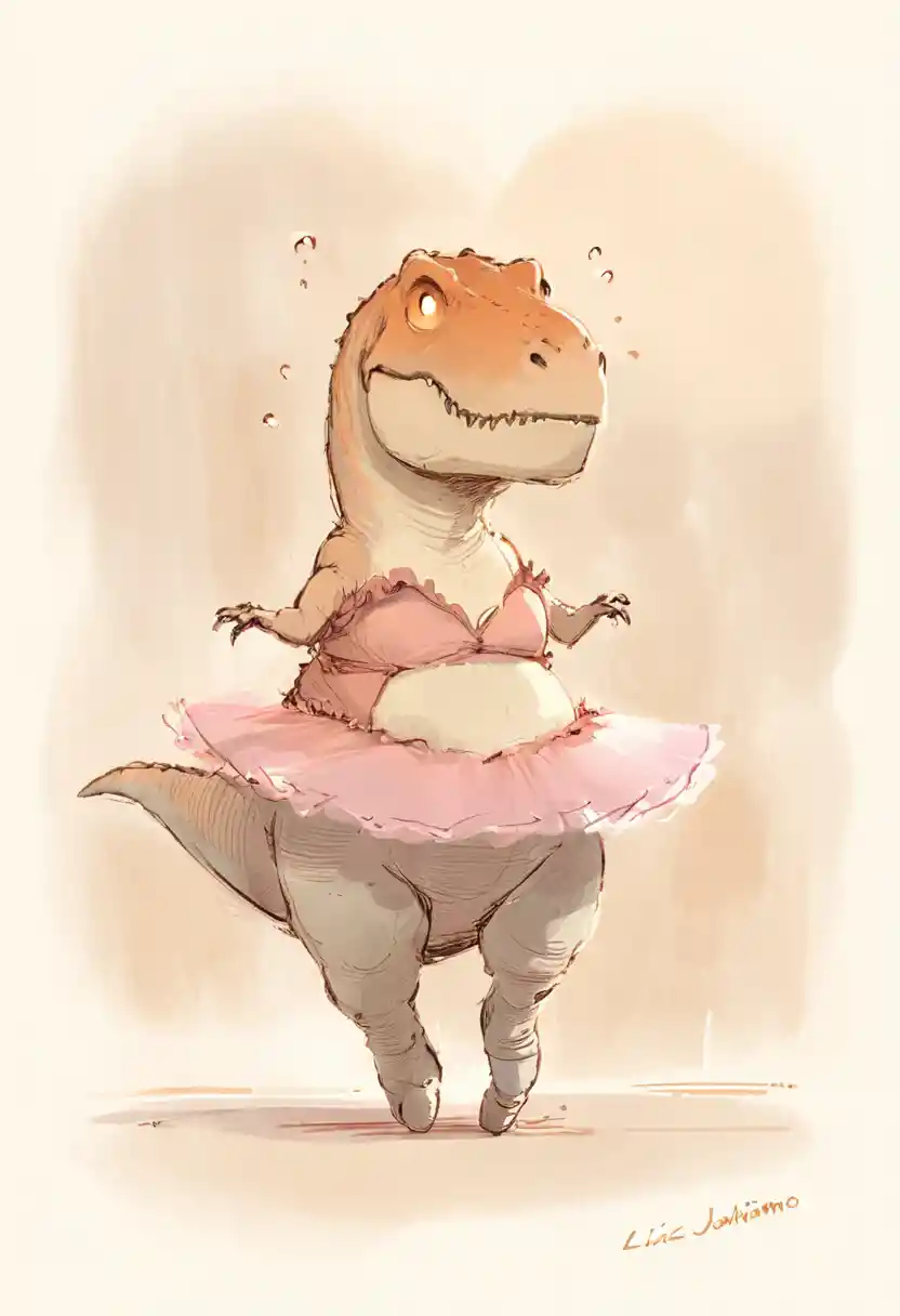 T rex clumsily attempting ballet in a pink tutu